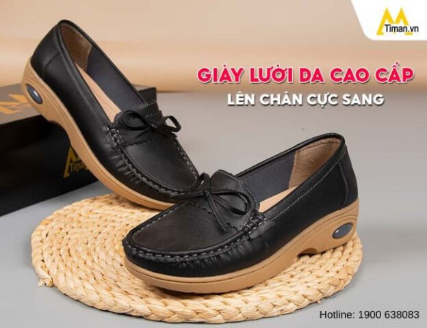 Giày lười da nữ cao cấp màu đen, thiết kế trơn sang trọng