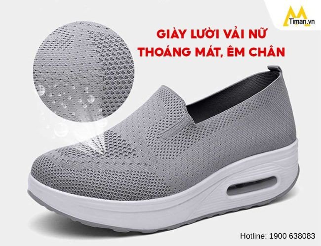 Giày lười nữ đẹp vải dệt kim màu xám, thiết kế thoáng khí, lý tưởng cho hoạt động hàng ngày.