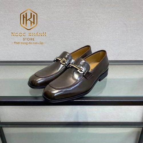 giày lười Salvatore Ferragamo nam nâu bóng thanh ngang