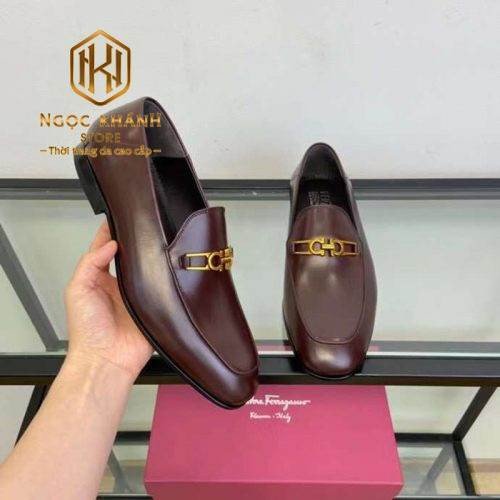 giày lười Salvatore Ferragamo nam nâu da bóng khóa vàng