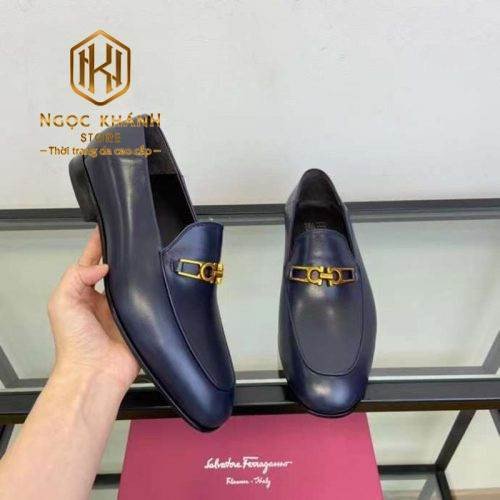 giày lười Salvatore Ferragamo nam xanh da bóng khóa vàng