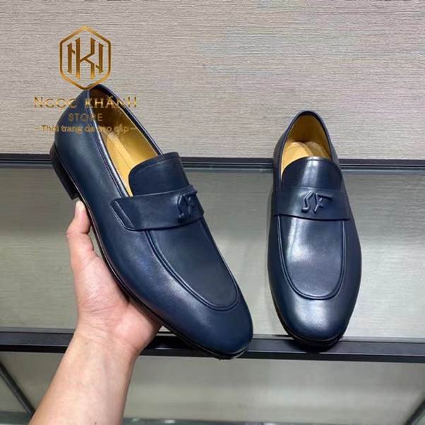 giày lười Salvatore Ferragamo nam xanh đế cao logo chữ
