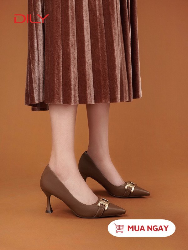 Giày mũi nhọn cao gót phối khóa thanh lịch màu nâu
