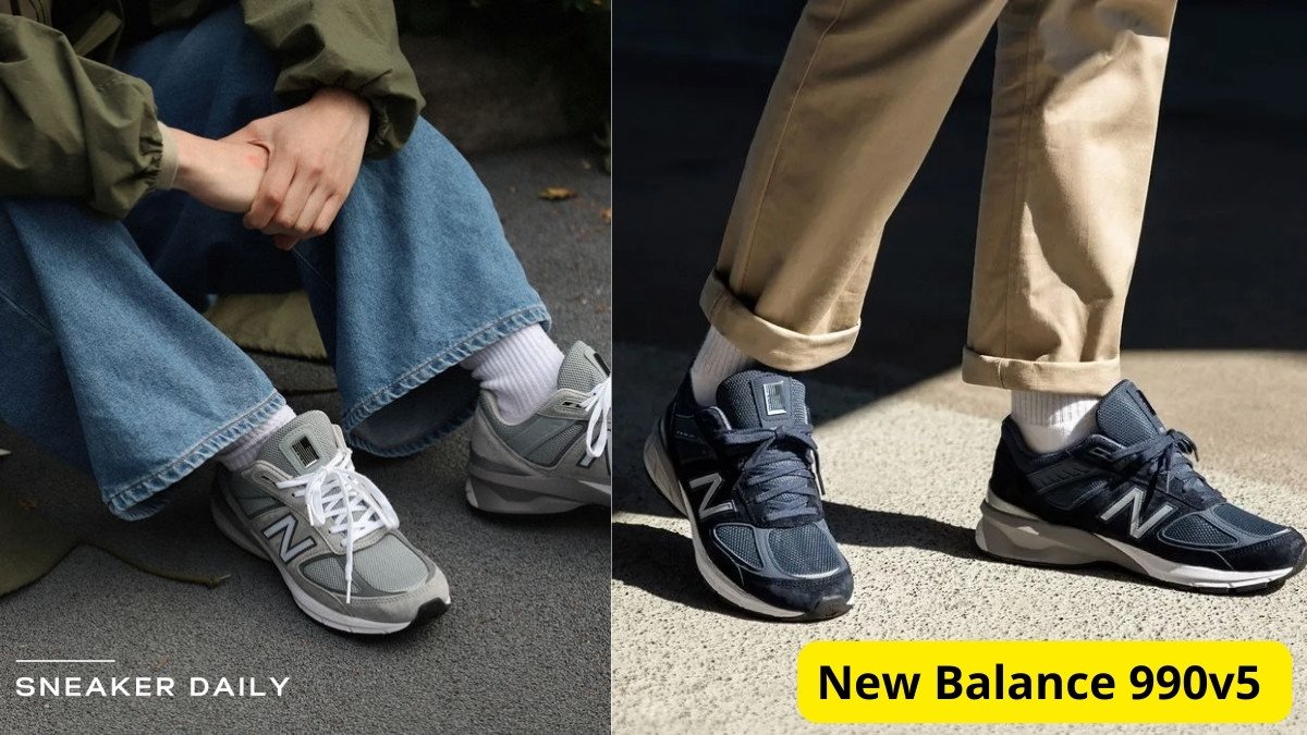 Giày New Balance 990v5 màu xám cổ điển đặt trên mặt sàn gỗ, phong cách bền bỉ và phù hợp cho chân lớn