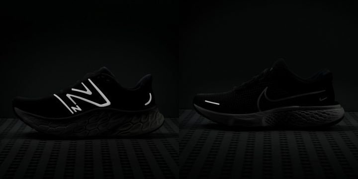 Giày New Balance Fresh Foam X More v4 phản chiếu ánh sáng, thể hiện các yếu tố an toàn khi chạy đêm.