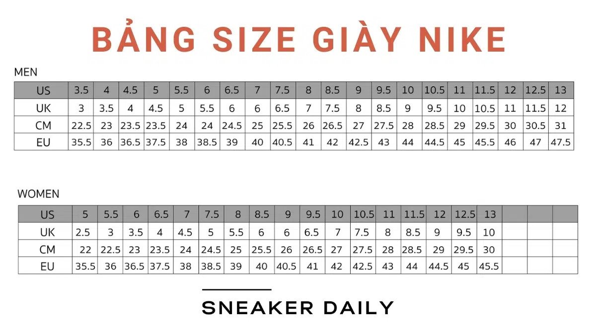 Giày Nike cho chân 23.5cm với các lựa chọn size phù hợp