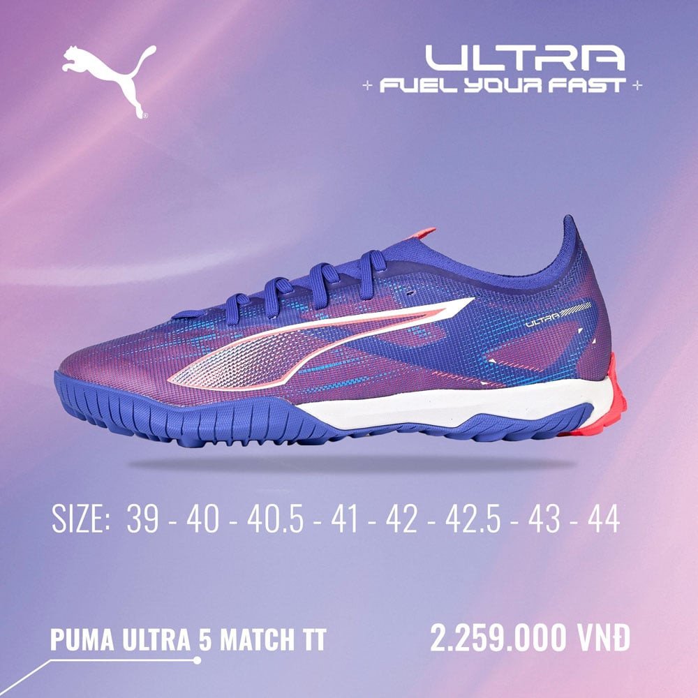 Giày Puma Ultra 5 Match TT màu tím than, thiết kế tối ưu cho tốc độ trên sân nhân tạo.
