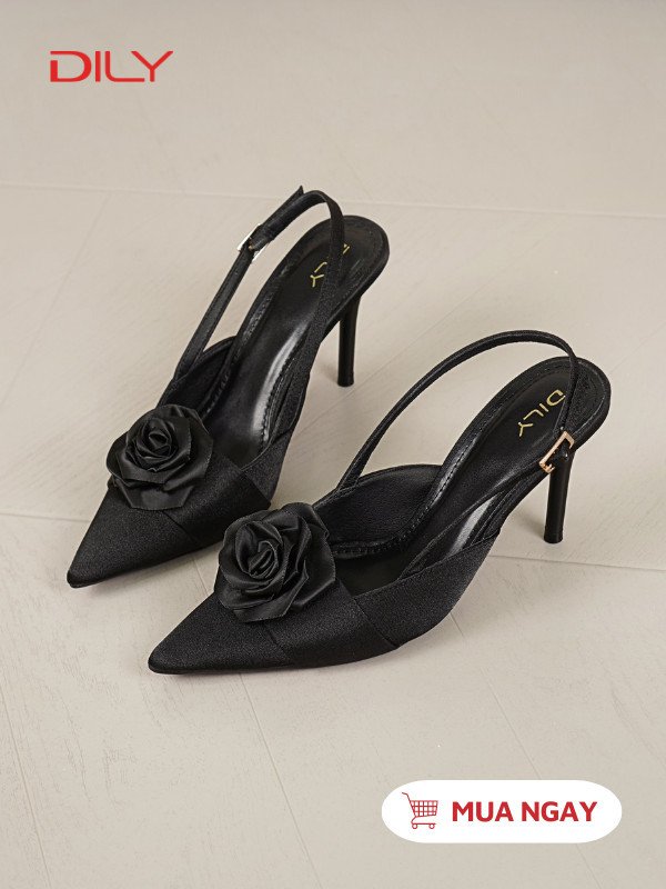 Giày slingback cao gót đính hoa sang trọng màu đen
