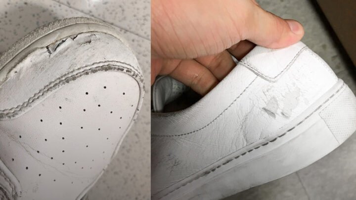 Giày sneaker bị nứt da cần được sửa chữa cẩn thận