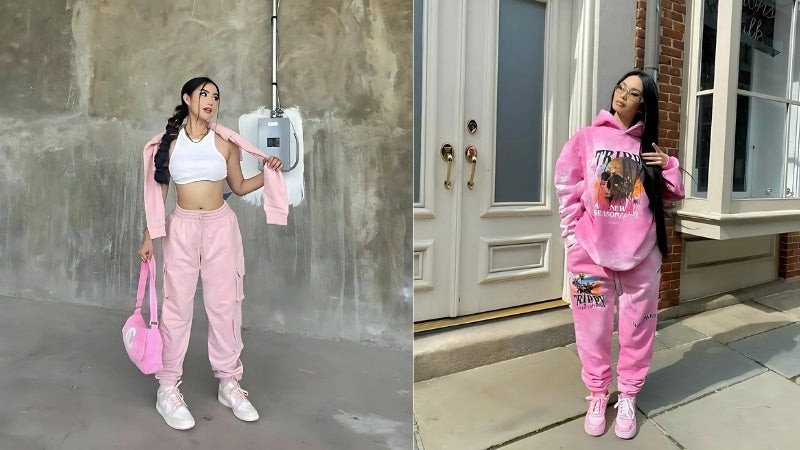 Giày sneaker hồng với quần jogger và áo hoodie cho phong cách đường phố