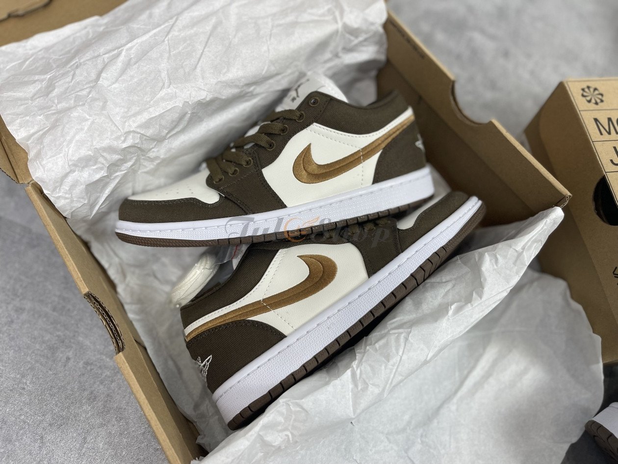 Giày sneaker nam Jordan 1 Low Olive với logo thêu chỉ vàng độc đáo
