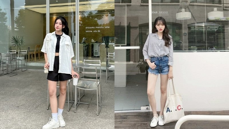 Giày sneaker trắng nữ kết hợp cùng quần short jeans
