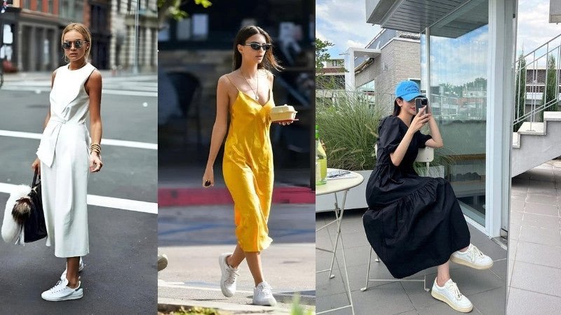 Giày sneaker trắng nữ phối cùng váy suông đen
