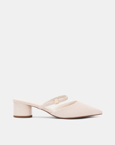 Giày sục cao gót màu hồng nhạt, dáng mũi nhọn, gót trụ 5cm