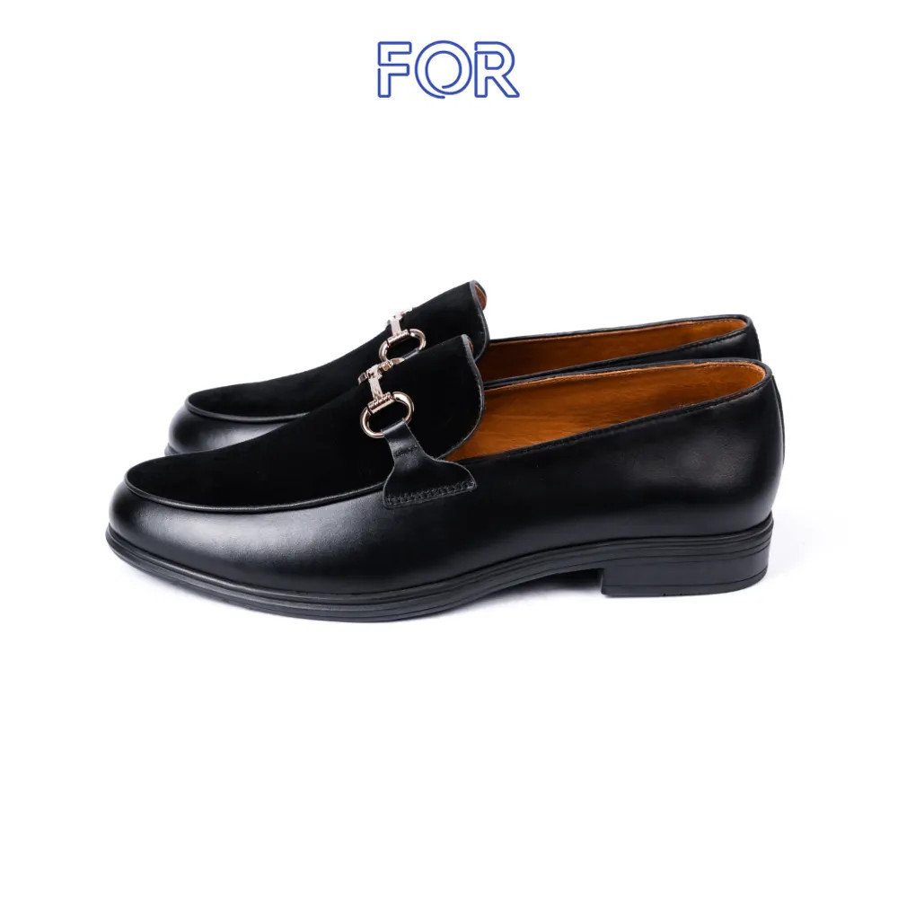 Giày tây chú rể Suede Horsebit Loafer da lộn đen với khóa kim loại đặc trưng