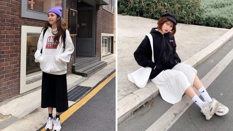 Giày thể thao độn đế với trang phục trắng đen không bao giờ lỗi mốt