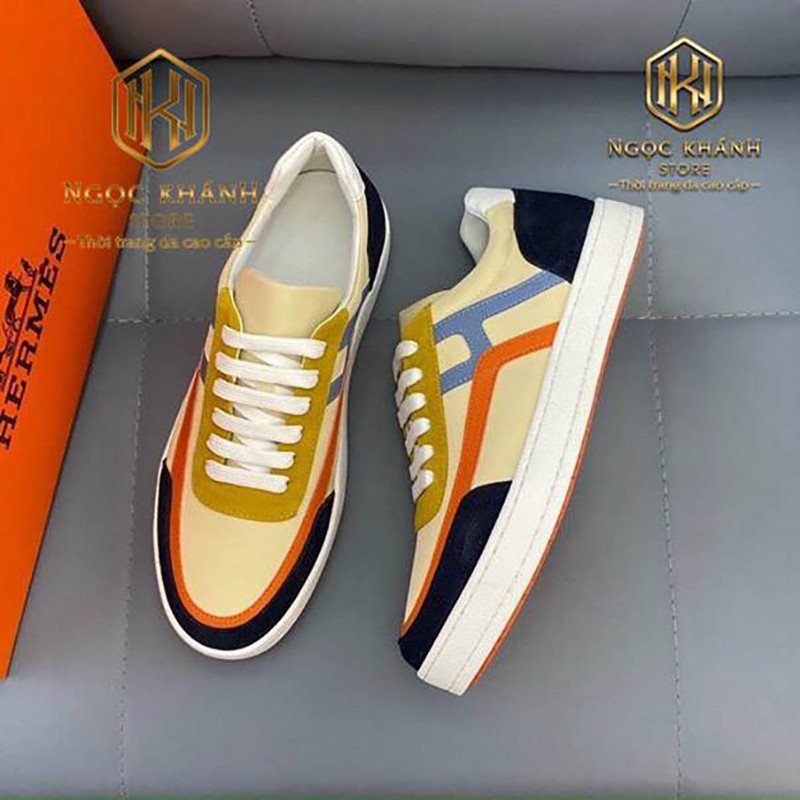 Giày thể thao Hermes nam vàng phối đen kẻ cam với chất liệu da lộn cao cấp