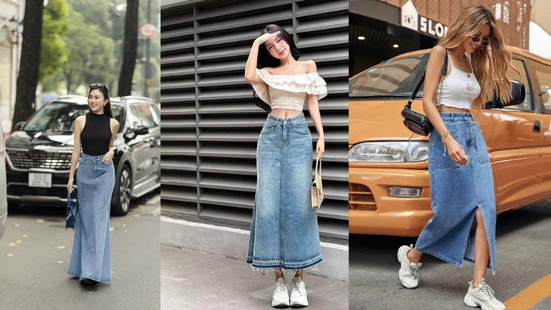 Giày thể thao mang đến sự năng động, trẻ trung và cá tính khi phối với chân váy jean dài