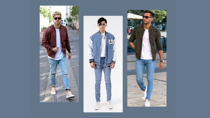 Giày thể thao nam phối với áo khoác bomber và quần jeans