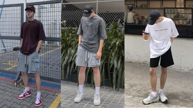 Giày thể thao nam phối với áo phông và quần jogger