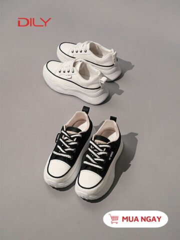 Giày thể thao nữ đế cao màu trắng đen kiểu dáng năng động