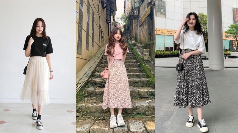 Giày thể thao nữ phối với váy maxi và áo thun