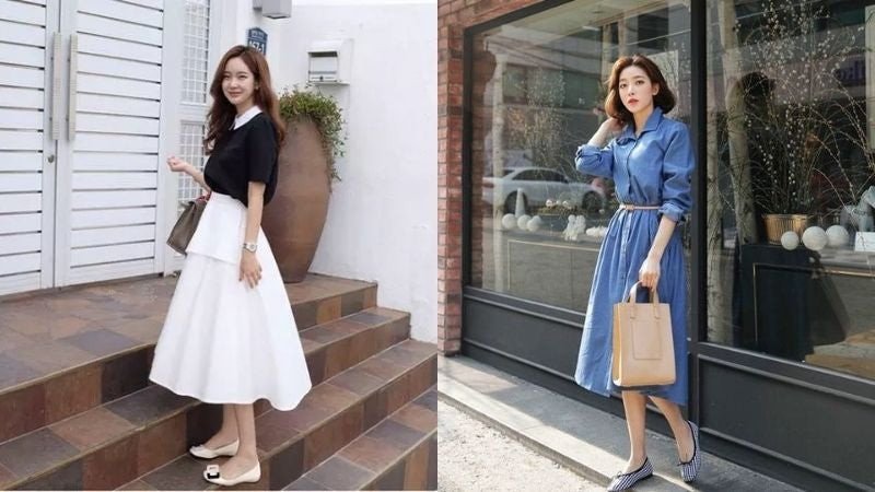 Giày wedge đế cói kết hợp chân váy xòe nhẹ nhàng, nữ tính