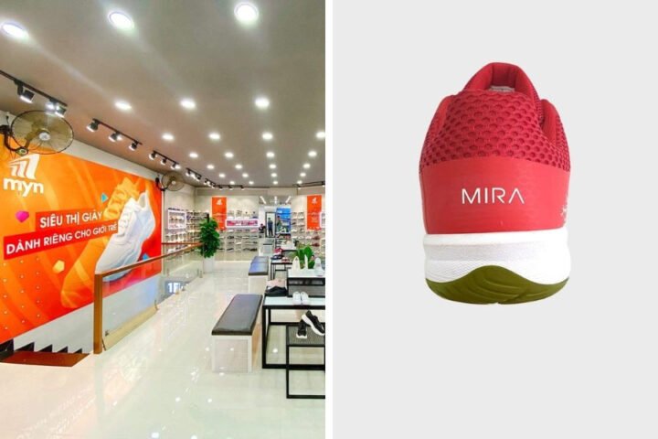 Hình ảnh bên trong Giày Myn, một shop giày thể thao Đà Nẵng với kệ trưng bày đa dạng mẫu giày sneaker.
