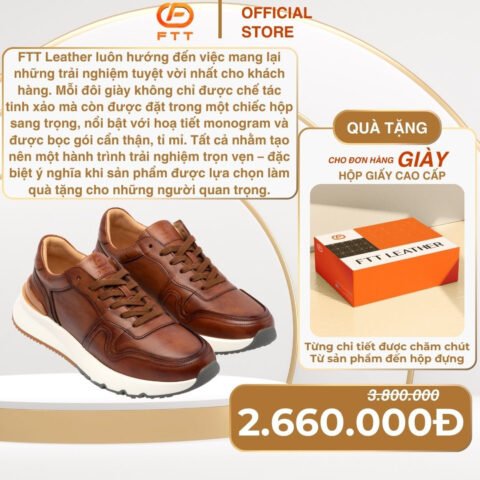 Hình ảnh cận cảnh giày sneaker da bê màu nâu cao cấp với đế trắng êm ái, chi tiết đường may tỉ mỉ