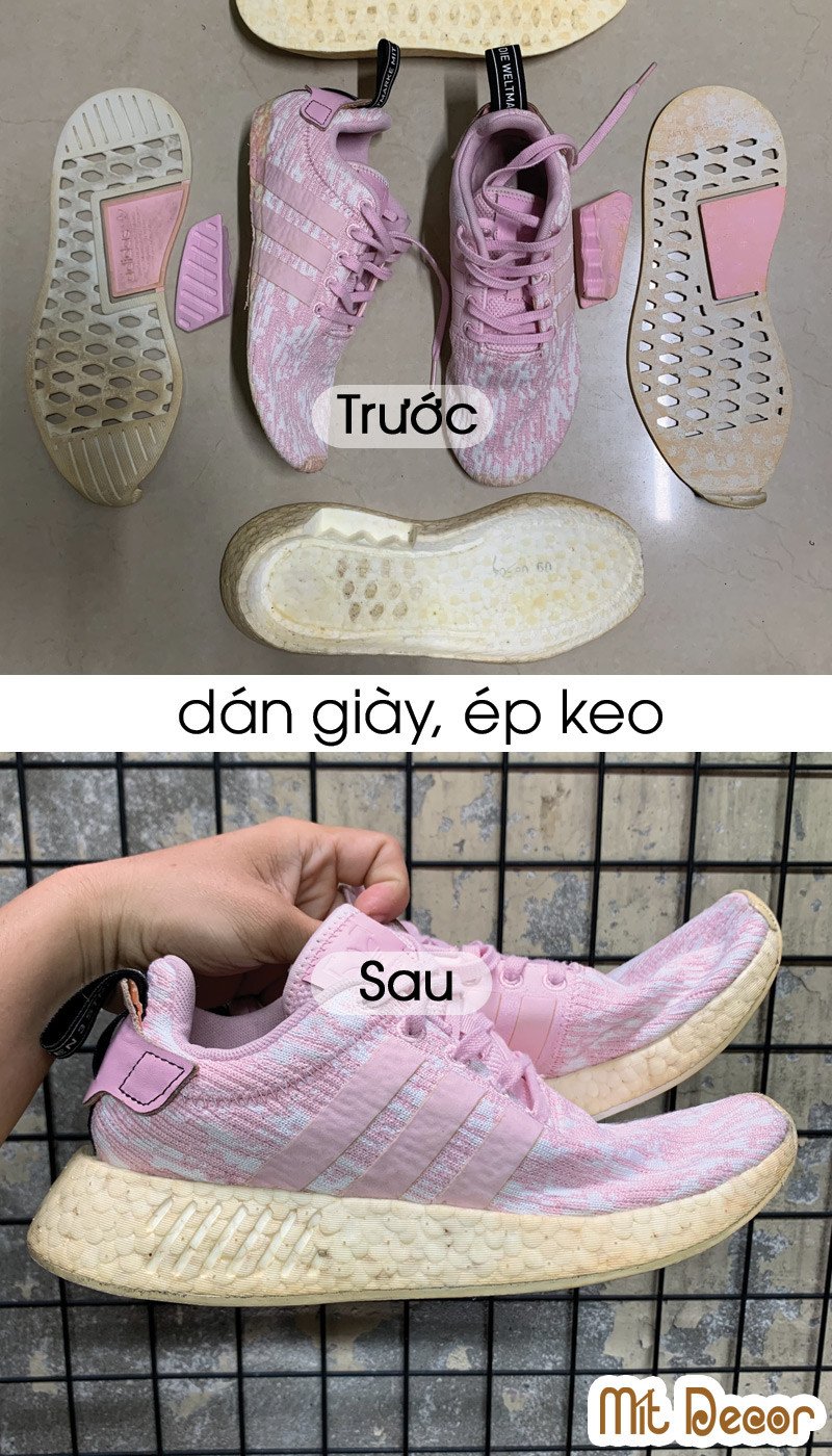 Hình ảnh cận cảnh một đôi giày sneaker đang được dán và ép keo để sửa chữa phần đế