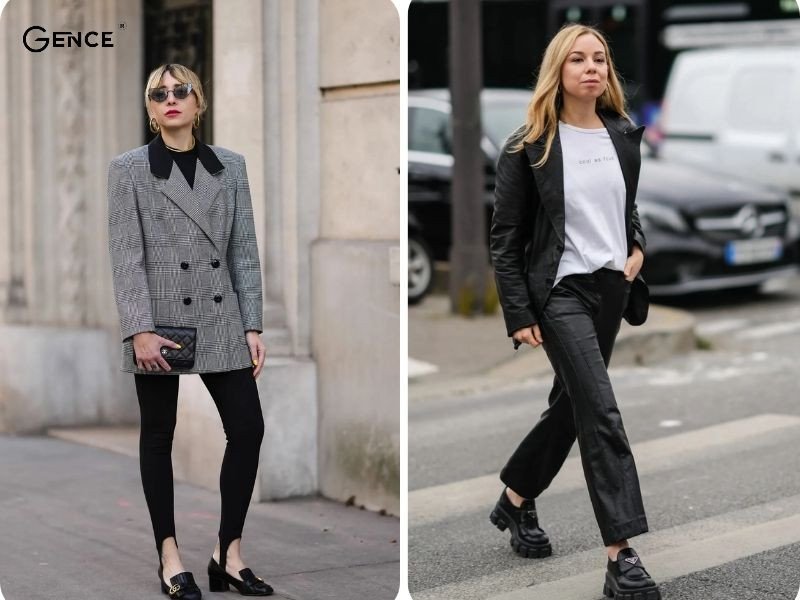 Hình ảnh cô gái mặc áo blazer be, quần tây nâu và giày lười nữ đen, là cách phối đồ với giày lười đen nữ công sở