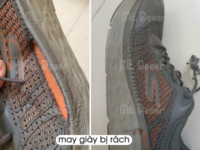 Hình ảnh giày thể thao bị rách ở mũi cần được may lại để tăng độ bền