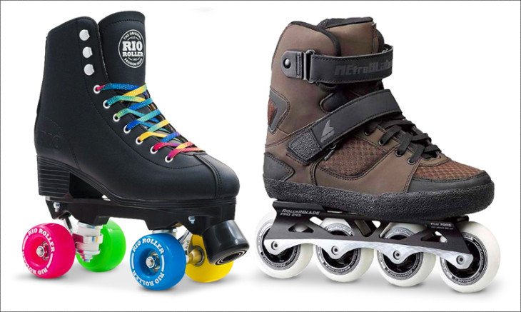 Hình ảnh minh họa sự khác biệt giữa giày thể thao patin Inline Skates (một hàng bánh) và Quad Skates (hai hàng bánh) về cấu trúc và thiết kế.