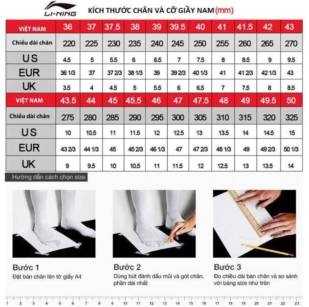 Hình ảnh một bảng size giày cầu lông Yonex phổ biến
