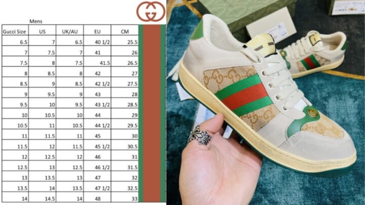 Hình ảnh một đôi giày Gucci cao cấp cùng bảng quy đổi size giày Gucci nữ chung.