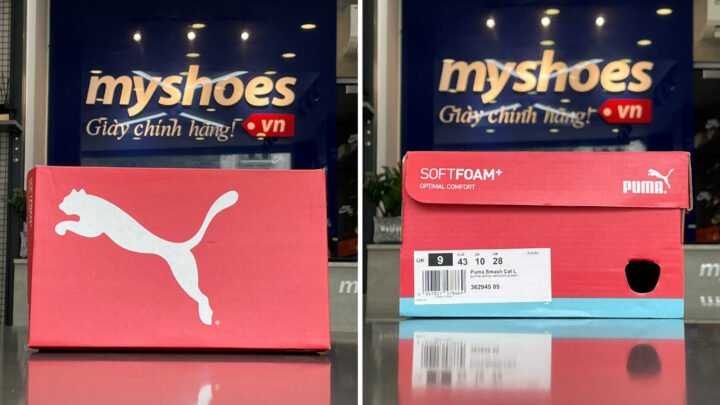 Hộp giày Puma chính hãng với mã SKU và thông tin rõ ràng