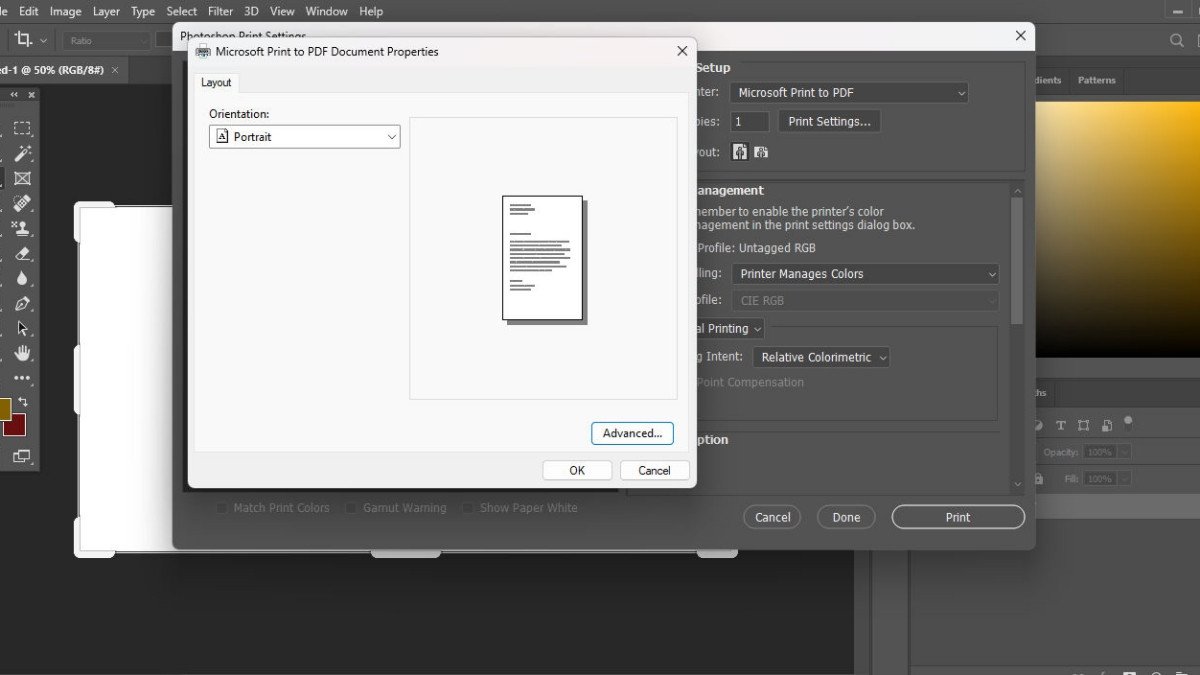 Hộp thoại Photoshop Print Settings, hiển thị nút Advanced để cài đặt tùy chọn in nâng cao