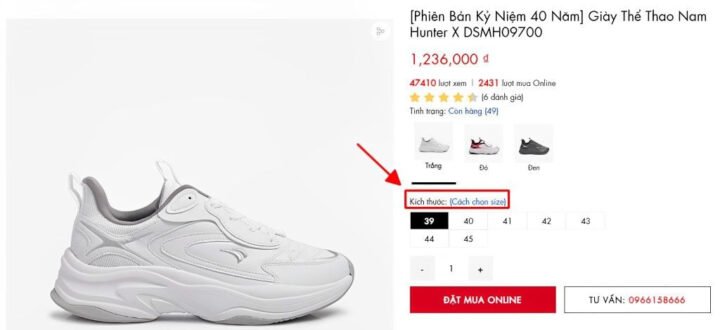 Hướng dẫn cách xem bảng size giày Biti's trẻ em trên website