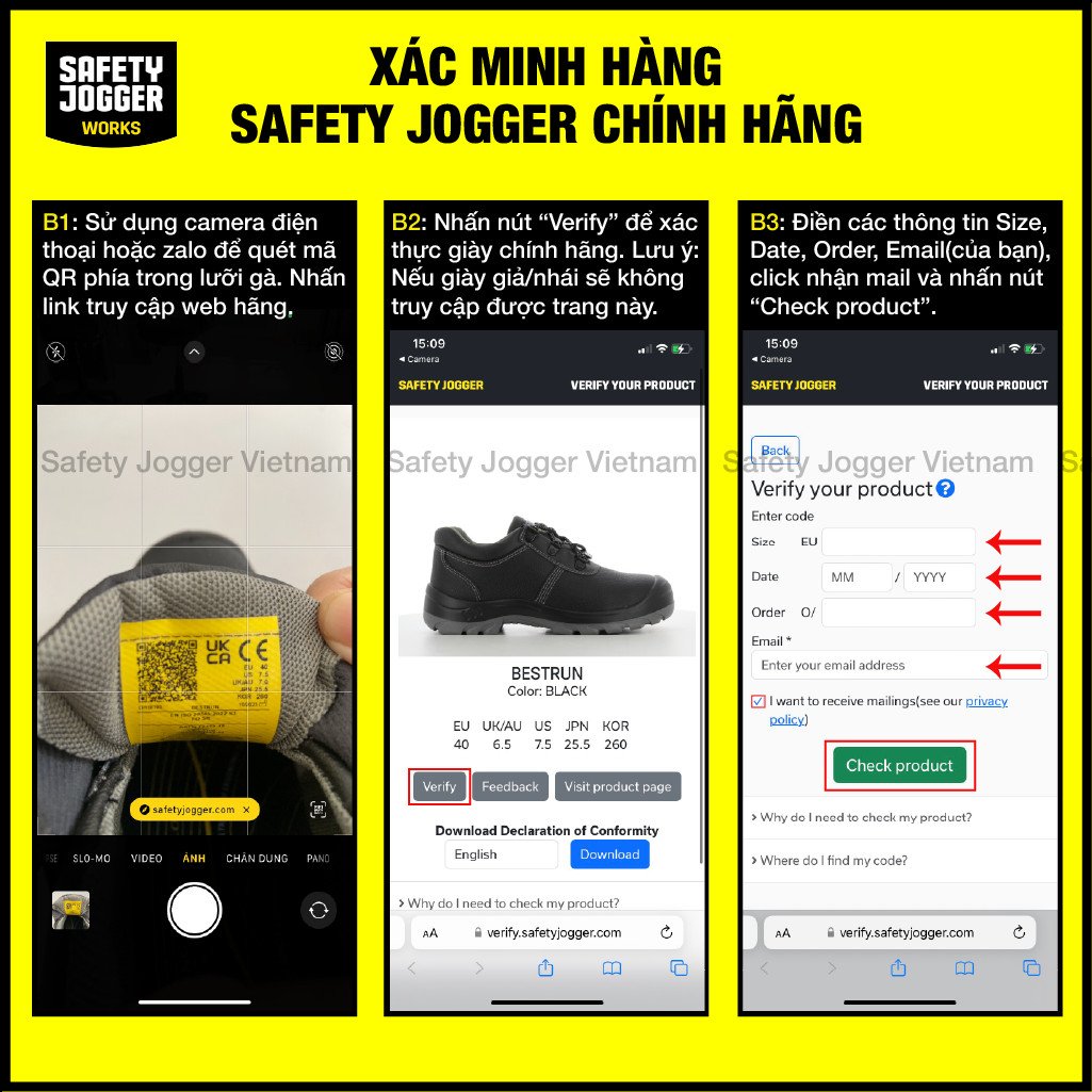 Hướng dẫn xác minh hàng chính hãng giày bảo hộ đen Safety Jogger
