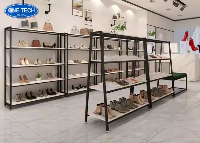 Kệ khung sắt phối gỗ trưng bày giày dép đẹp
