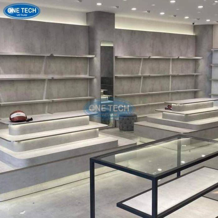 Kệ trưng bày giày dép màu trắng hiện đại