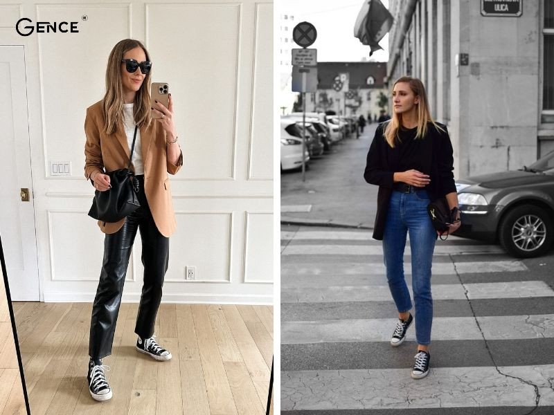 Kết hợp áo blazer với giày sneaker đen nữ thời trang