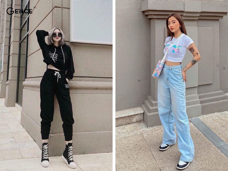 Kết hợp áo croptop với giày sneaker đen nữ gợi cảm