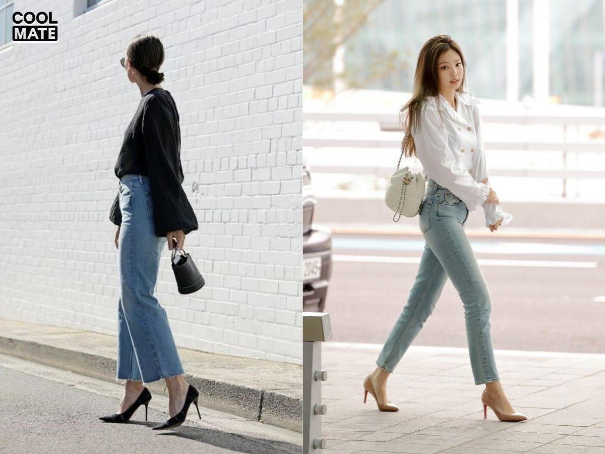 kết hợp giày cao gót thanh lịch cùng quần jean nữ tôn dáng