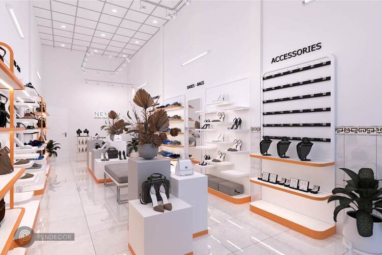 Không gian nội thất shop giày với tông màu trắng sáng, trưng bày sneaker