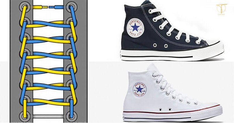 Kỹ thuật buộc dây giày sneaker 7 lỗ theo kiểu hình thang tạo sự phá cách.
