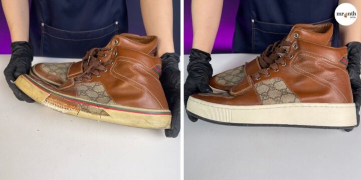 Kỹ thuật viên chuyên nghiệp tại tiệm sửa giày thể thao đang tỉ mỉ phục hồi đôi sneaker.