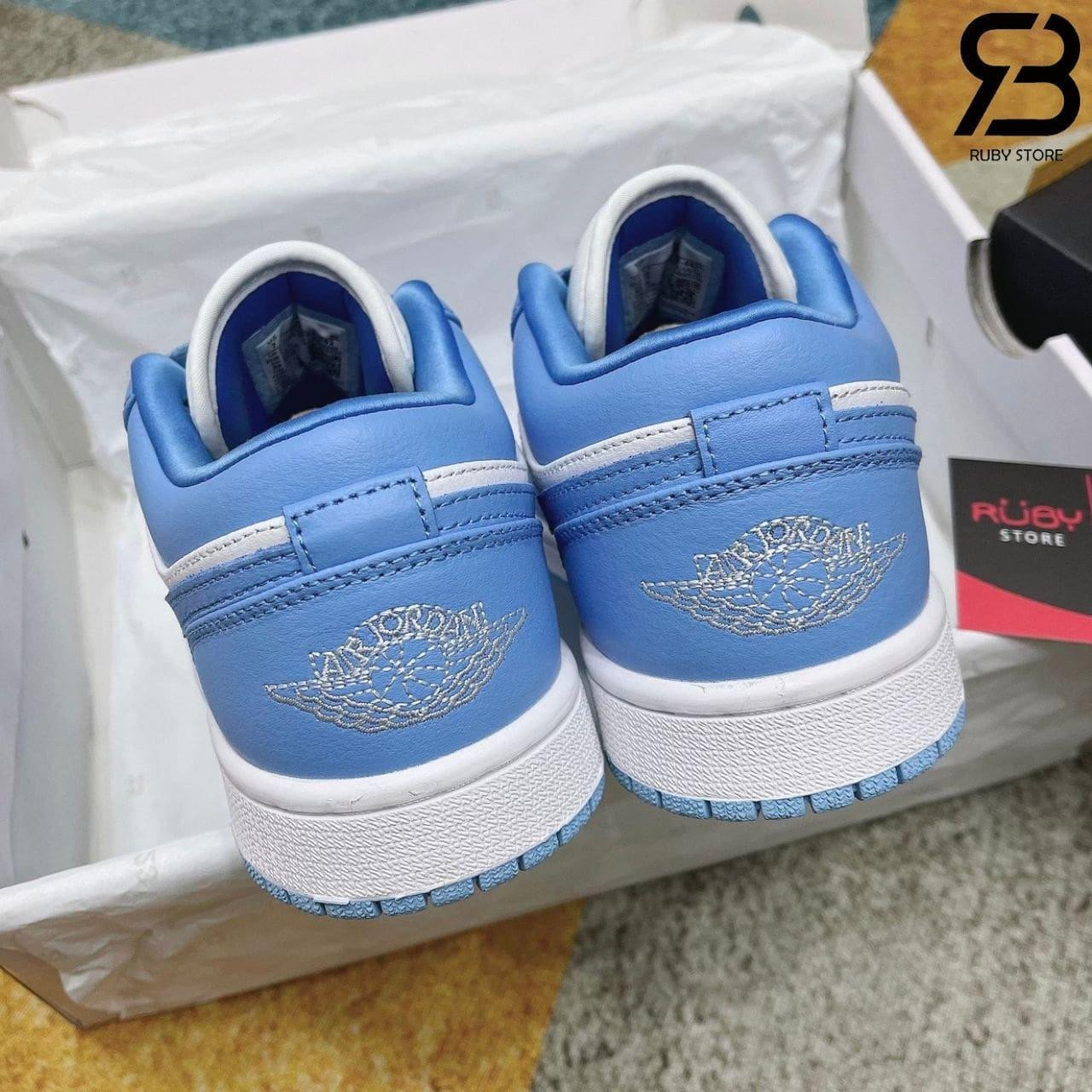 Logo Air Jordan Wings dập nổi tinh tế trên gót giày Nike Jordan xanh dương