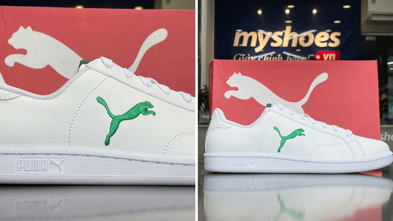 Logo báo nhảy của Puma được in sắc nét trên thân giày chính hãng