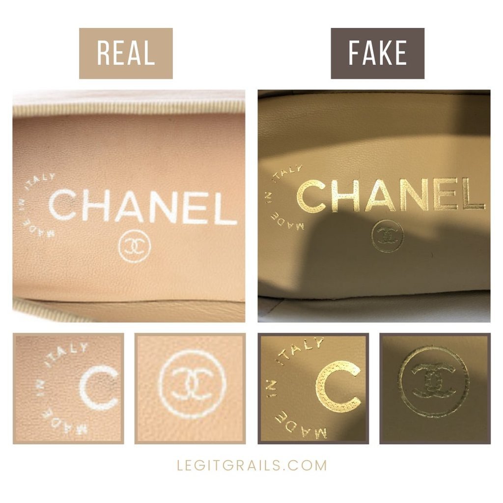 Logo in bên trong giày búp bê Chanel giúp phân biệt hàng thật và giả